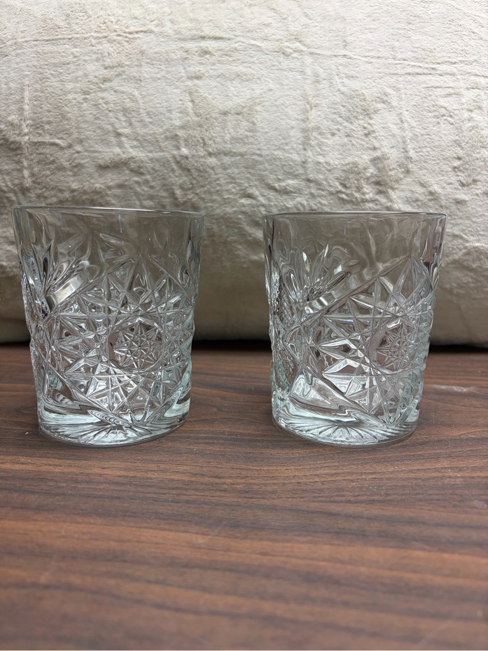 Vintage Libbey Diamond Cut Starburst Lowball Whiskey Glass Set of 2 USA